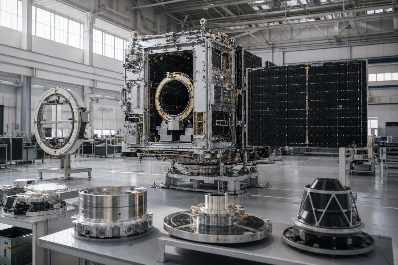 A satellite under assembly inside a precision aerospace integration facility