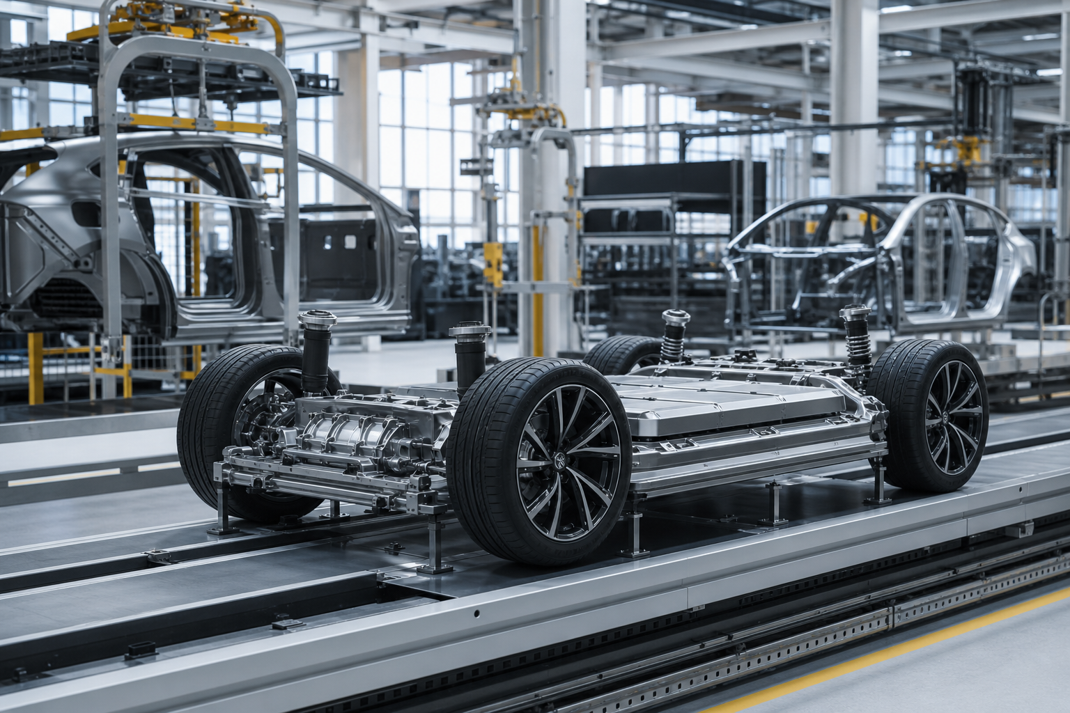 An electric vehicle chassis moving through a modern automotive assembly environment