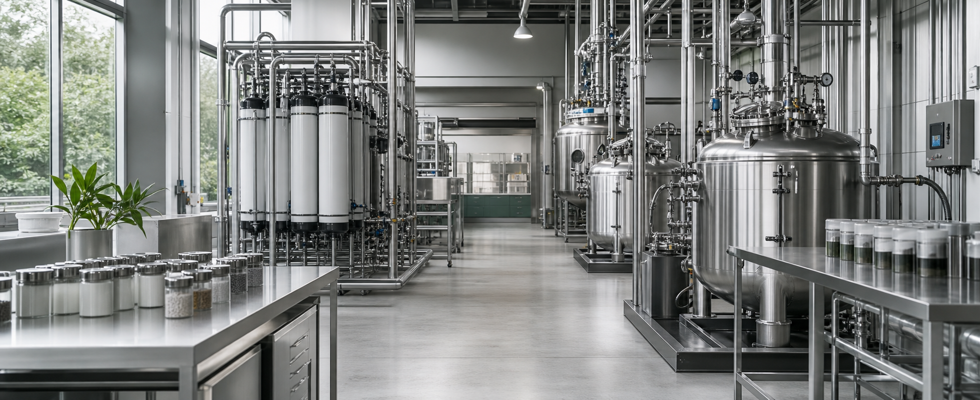 Stainless-steel vessels, filtration equipment, and material samples inside a modern specialty-chemicals production facility