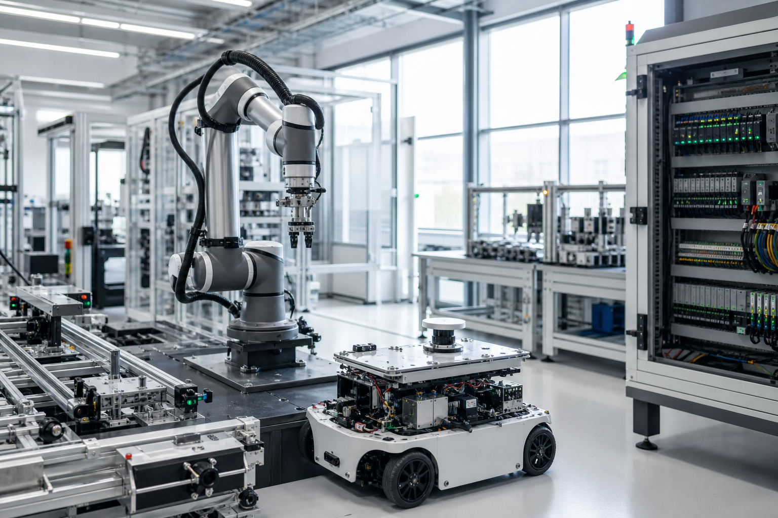 Robotic arms and a mobile robot being assembled in a modern automation facility