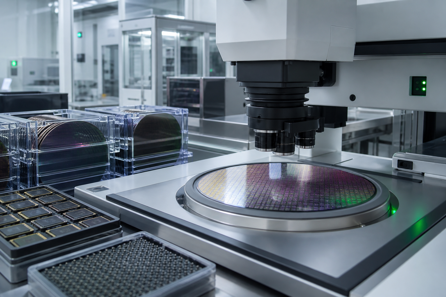 Silicon wafers and precision inspection equipment in a semiconductor cleanroom