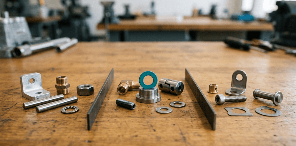 Three groups of small machined parts on a wooden workbench separated by steel dividers with a teal washer in the middle group