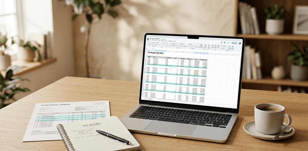 Laptop showing an open purchase order report with rows highlighted in teal, beside a notebook and coffee cup on a clean desk
