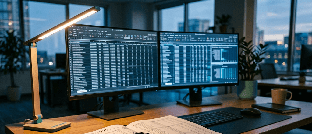 Dual-monitor workstation at dusk with a printed open-orders report on the desk