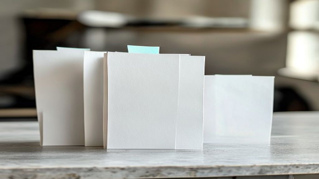 Three folded documents standing in a row, one tabbed with a teal paper clip