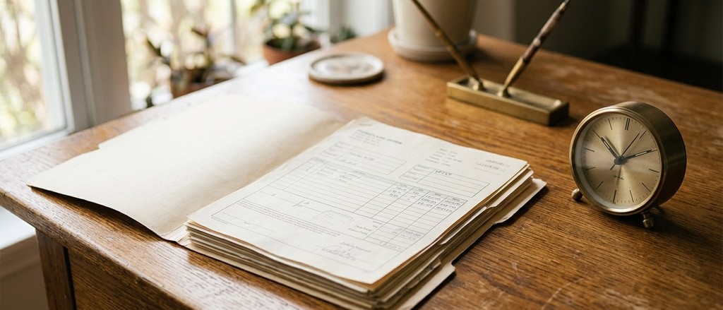Open folder of purchase order documents on a wooden desk beside a brass clock