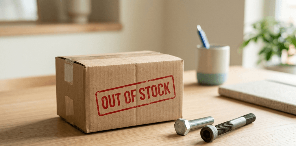 Cardboard box stamped Out of Stock next to two slightly different bolts on a desk