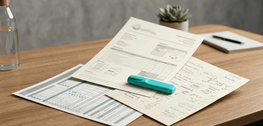 Three supplier quote sheets in different formats on a desk with a teal highlighter