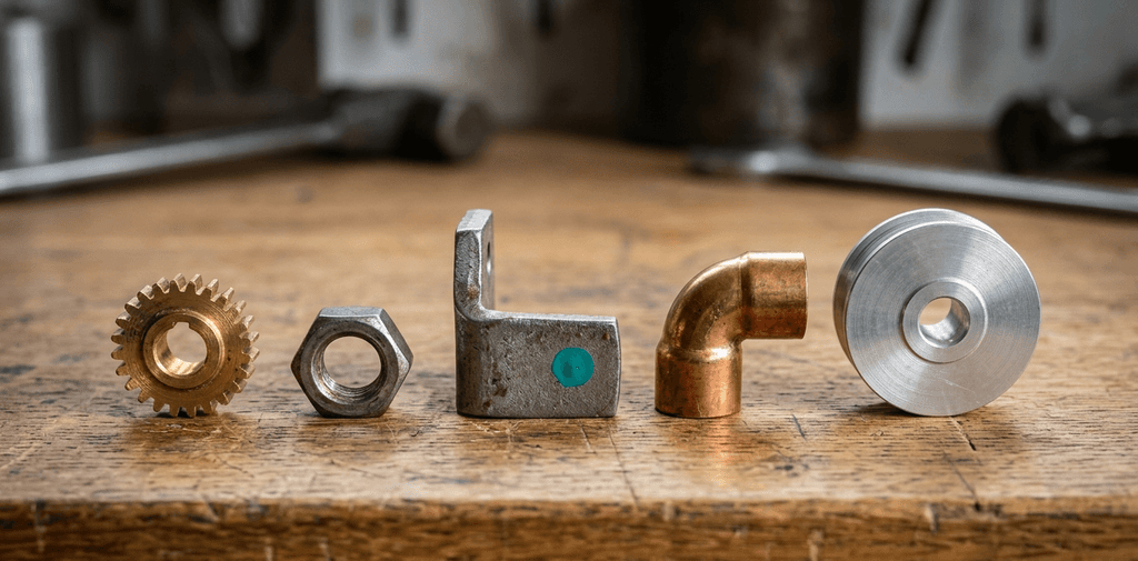 Five distinct small metal parts arranged in a row on a wooden workbench with a teal accent dot on the center bracket