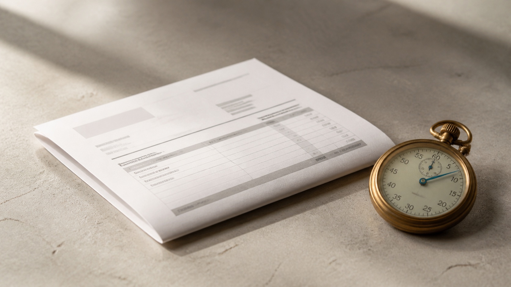 Purchase order printed on paper beside a brass stopwatch on a concrete workbench