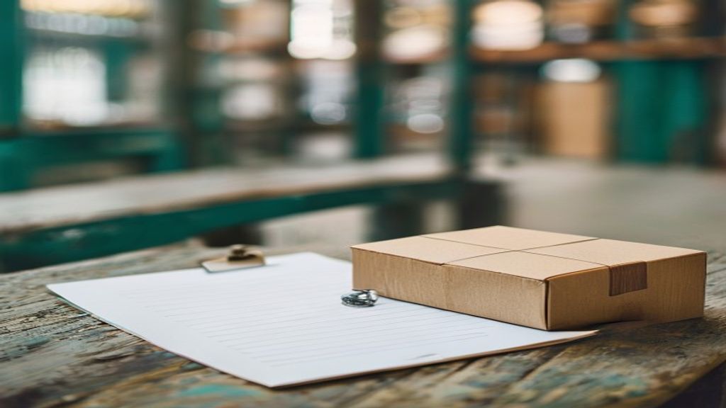 Blank customs declaration clipboard beside a sealed parcel on a warehouse table