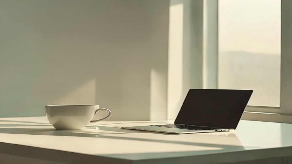Minimalist office desk at dawn with a closed laptop and a coffee cup