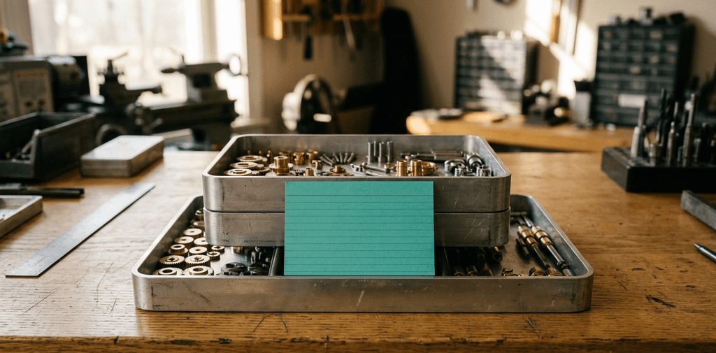 Two stacked metal trays of machined parts on a workshop bench with a teal index card between them