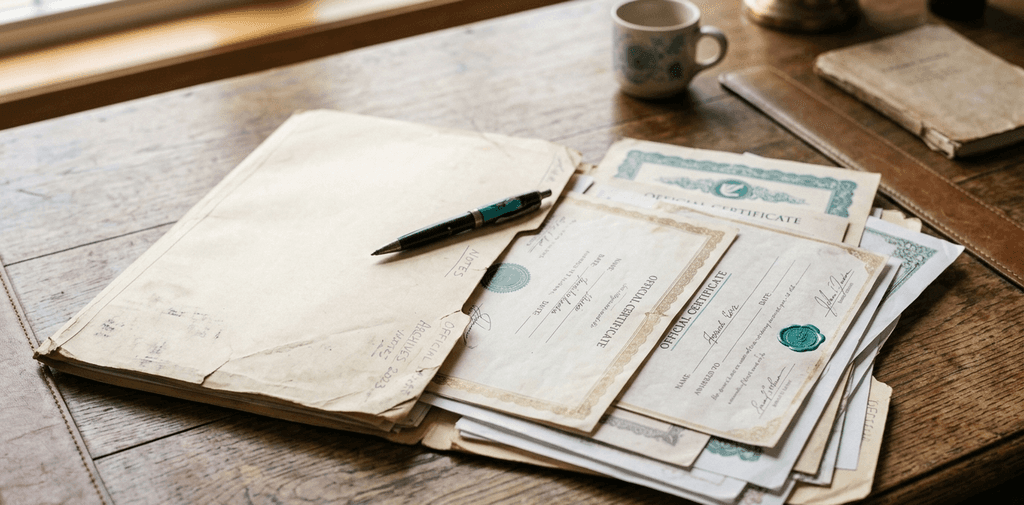 Open manila folder with certificates and documents spilling out on a wooden desk