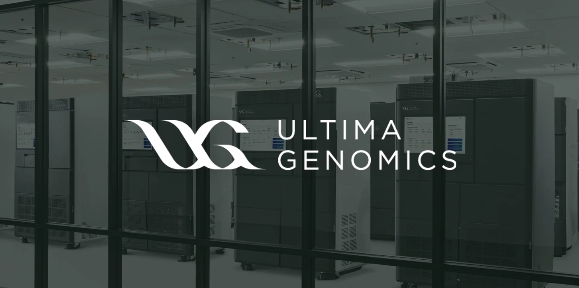 Ultima Genomics wordmark over sequencing systems in a laboratory