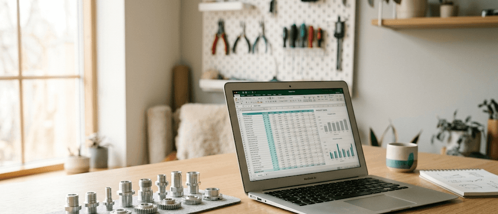 Machined aluminum parts on a workbench next to a laptop showing a spreadsheet