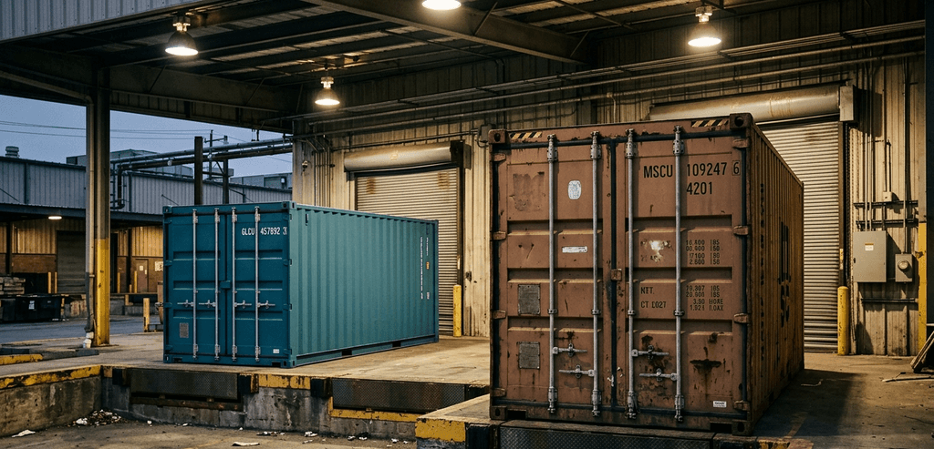 Stacked shipping containers in a freight yard at dusk, representing global sourcing and RFQ workflows