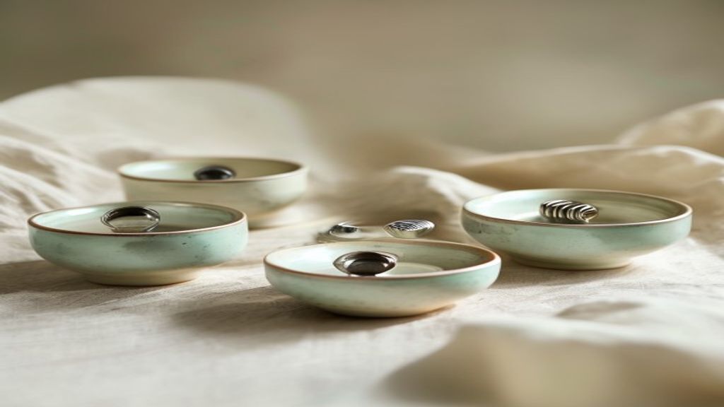 Ceramic dishes holding machined metal fasteners on a linen surface