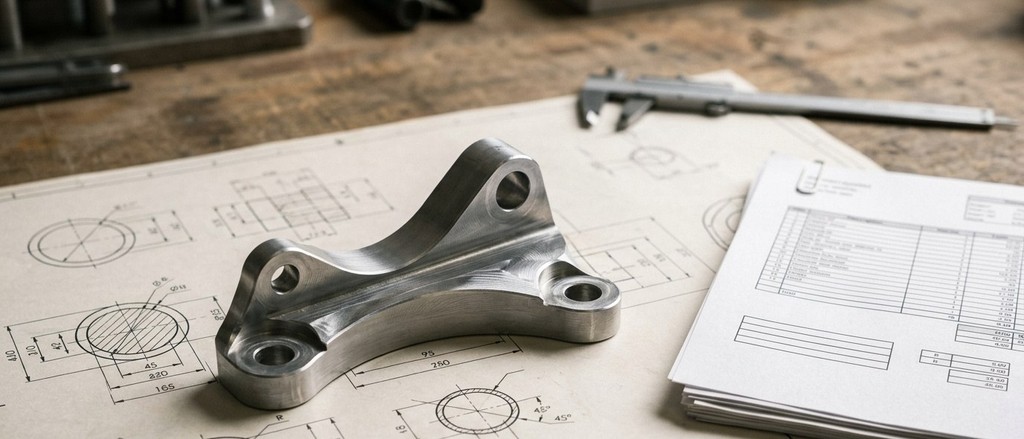 Machined metal bracket resting on an engineering blueprint next to a stack of supplier quote papers